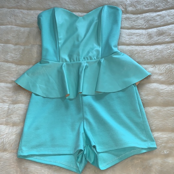 Turquoise strapless bustier leather peplum shorts romper playsuit jumpsuit S - Picture 4 of 15